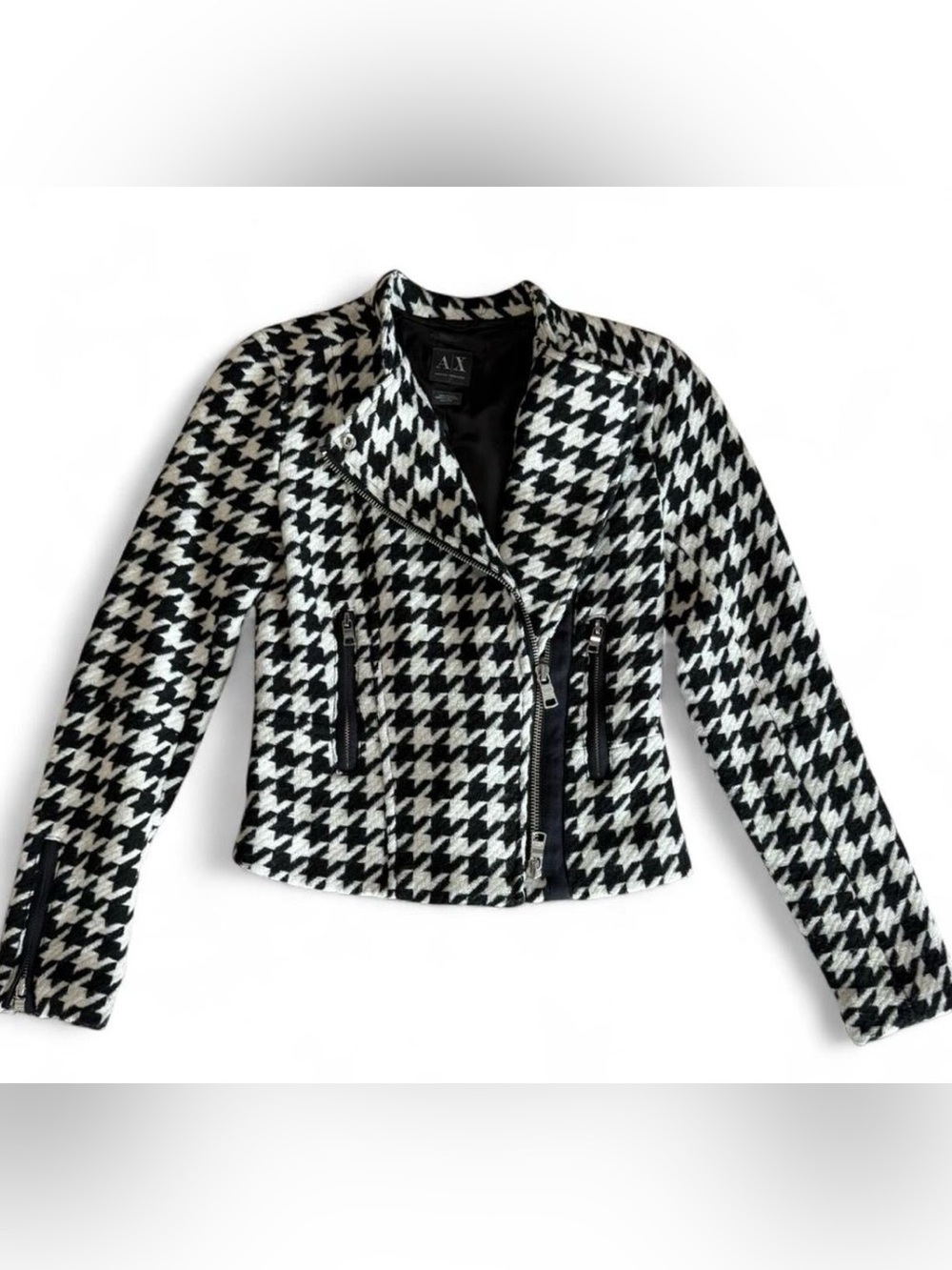 Armani Exchange Black & White Houndstooth Moto Jacket